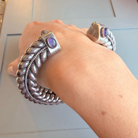 Suarti Bali BA Sterling Silver 925 Amethyst Cabochon HEAVY Cuff Bracelet - Picture 7 of 10